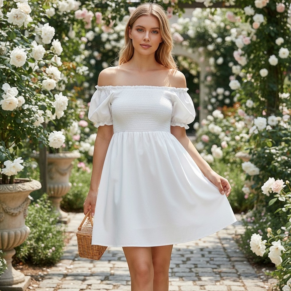 White Babydoll Mini Dress Womens XL Smocked Waist‎ Ruffle Flutter Sleeve Summer